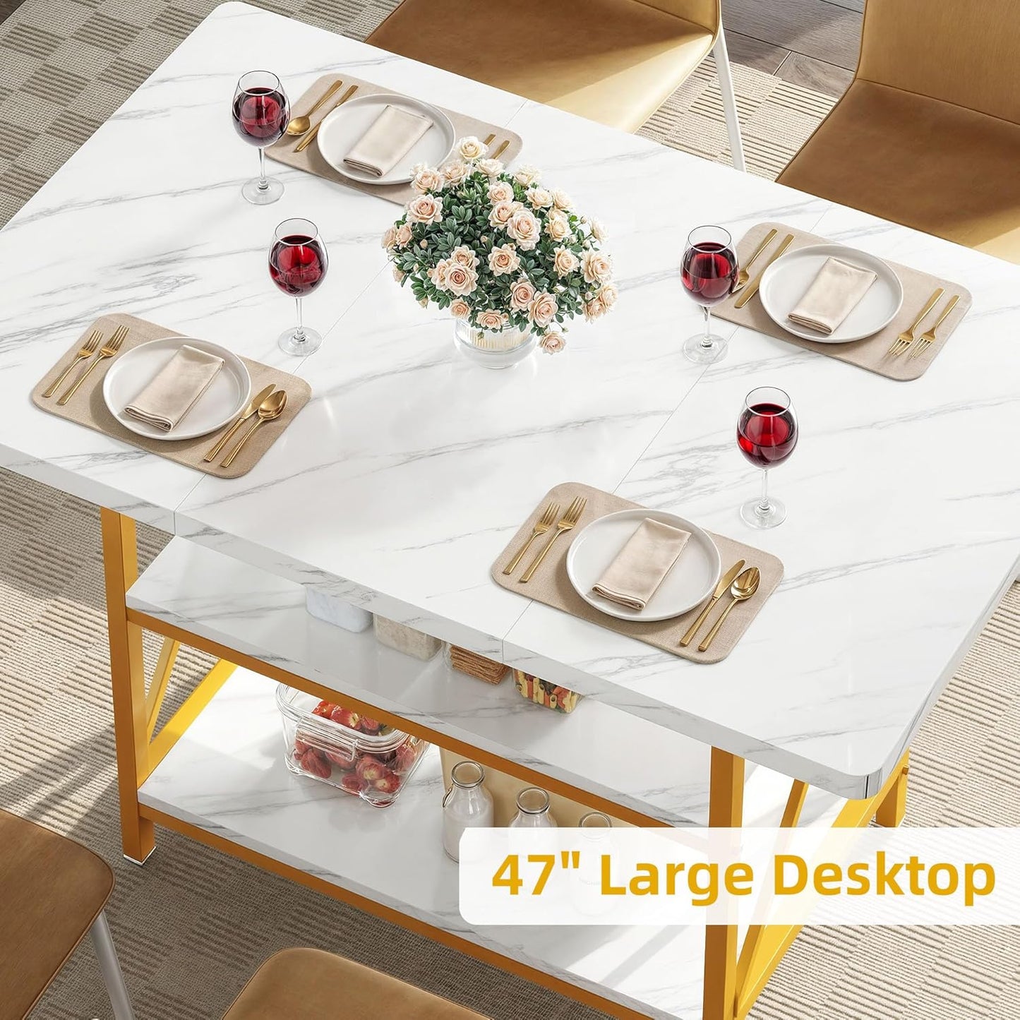 DWVO Dining Room Table 47 Inch Rectangle Dining Table for 4 People Modern Kitchen Table White Marble Dinner Table with Storage Shelf and Glod Metal Legs for Home Apartment White and Gold