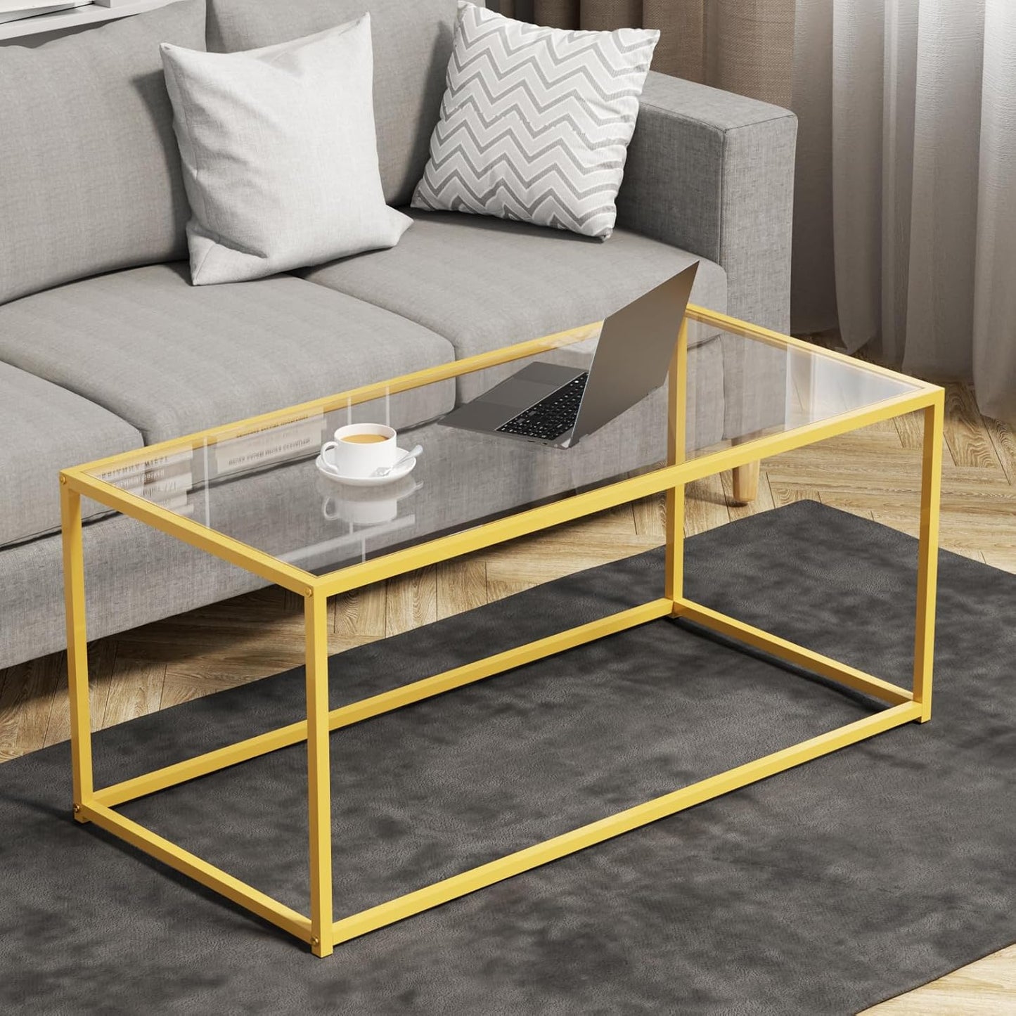 Glass Coffee Table Modern Center Table,Minimalist Round Coffee Tea Table,Tempered Glass-top with Sturdy Metal Frame for Living Room Bedroom Office and Small Space, 27 x 27 x 17 Inch,Gray Black