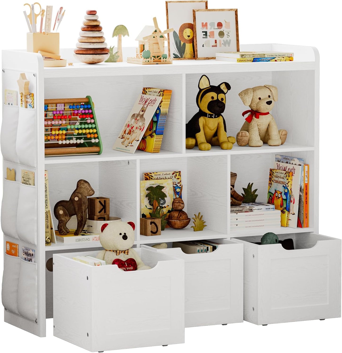 IRONCK Toy Storage Organizer with 3 Movable Drawers, Multifunctional Floor Storage Cabinet Toy Chest with 5 Storage Cubbies, Bookcase for Bedroom and Playroom, White