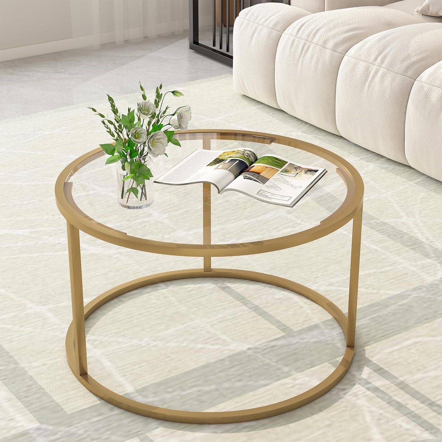 Glass Coffee Table Modern Center Table,Minimalist Round Coffee Tea Table,Tempered Glass-top with Sturdy Metal Frame for Living Room Bedroom Office and Small Space, 27 x 27 x 17 Inch,Gray Black