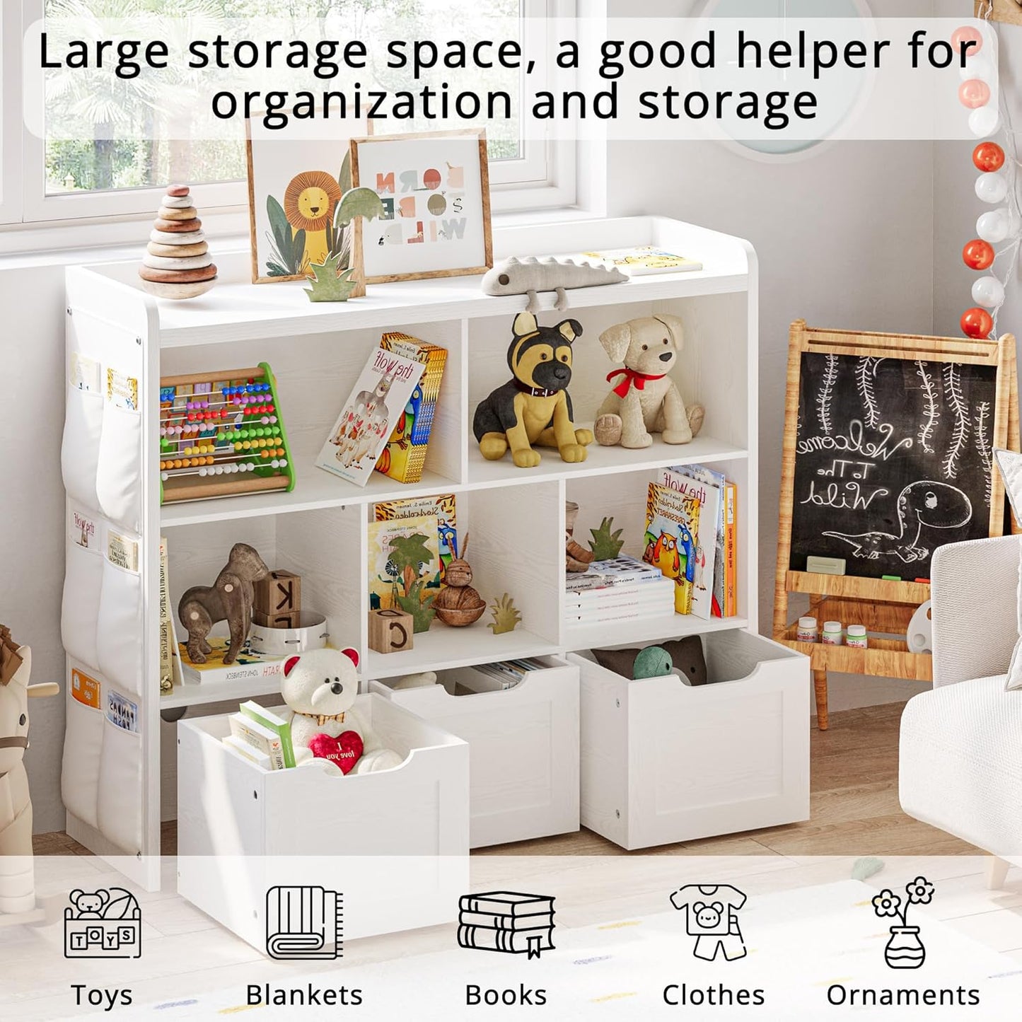 IRONCK Toy Storage Organizer with 3 Movable Drawers, Multifunctional Floor Storage Cabinet Toy Chest with 5 Storage Cubbies, Bookcase for Bedroom and Playroom, White