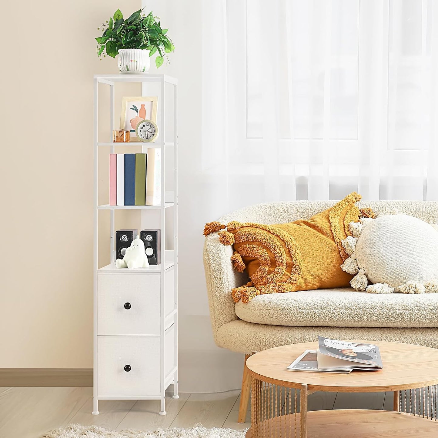 Bathroom Tall Cabinet, Skinny Floor Storage Cabinet, 5-Tier Corner Shelf with 2 Fabric Drawers, Freestanding Towel Organizer Rack Stand, Multifunctional Corner Unit, White
