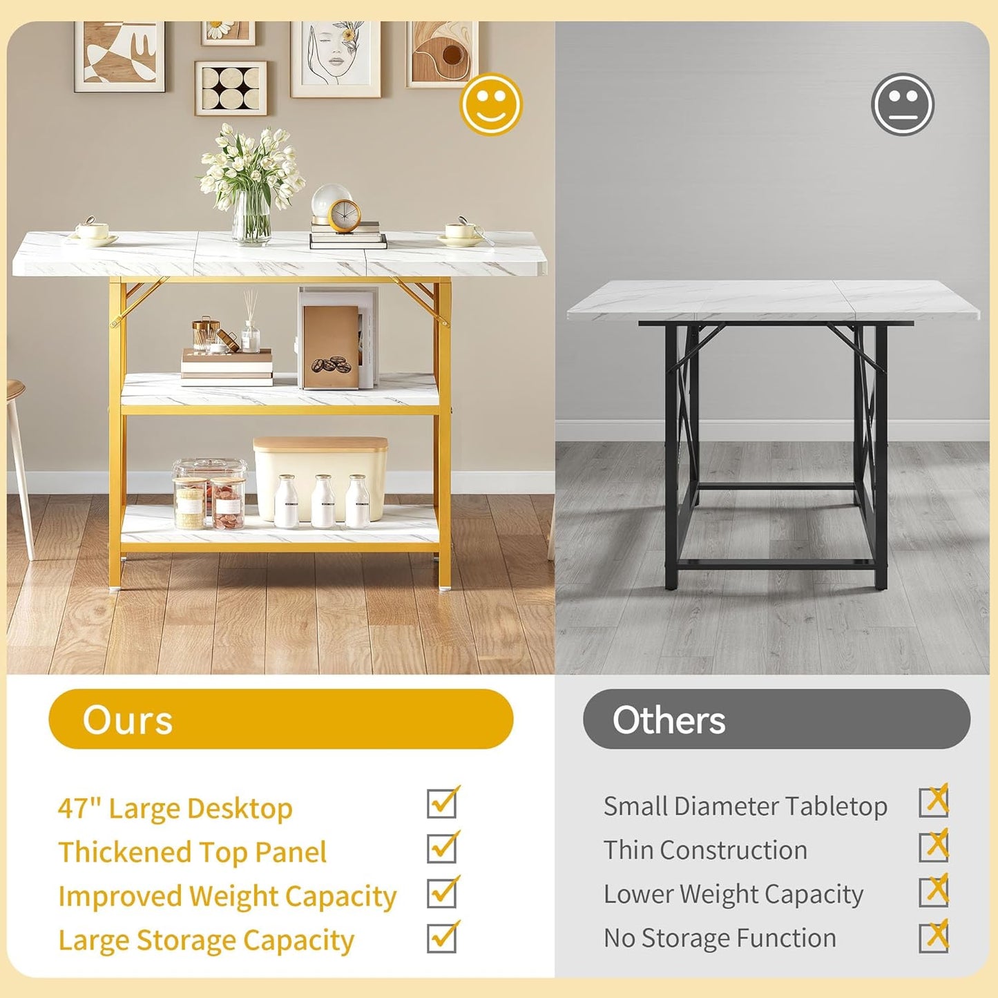 DWVO Dining Room Table 47 Inch Rectangle Dining Table for 4 People Modern Kitchen Table White Marble Dinner Table with Storage Shelf and Glod Metal Legs for Home Apartment White and Gold