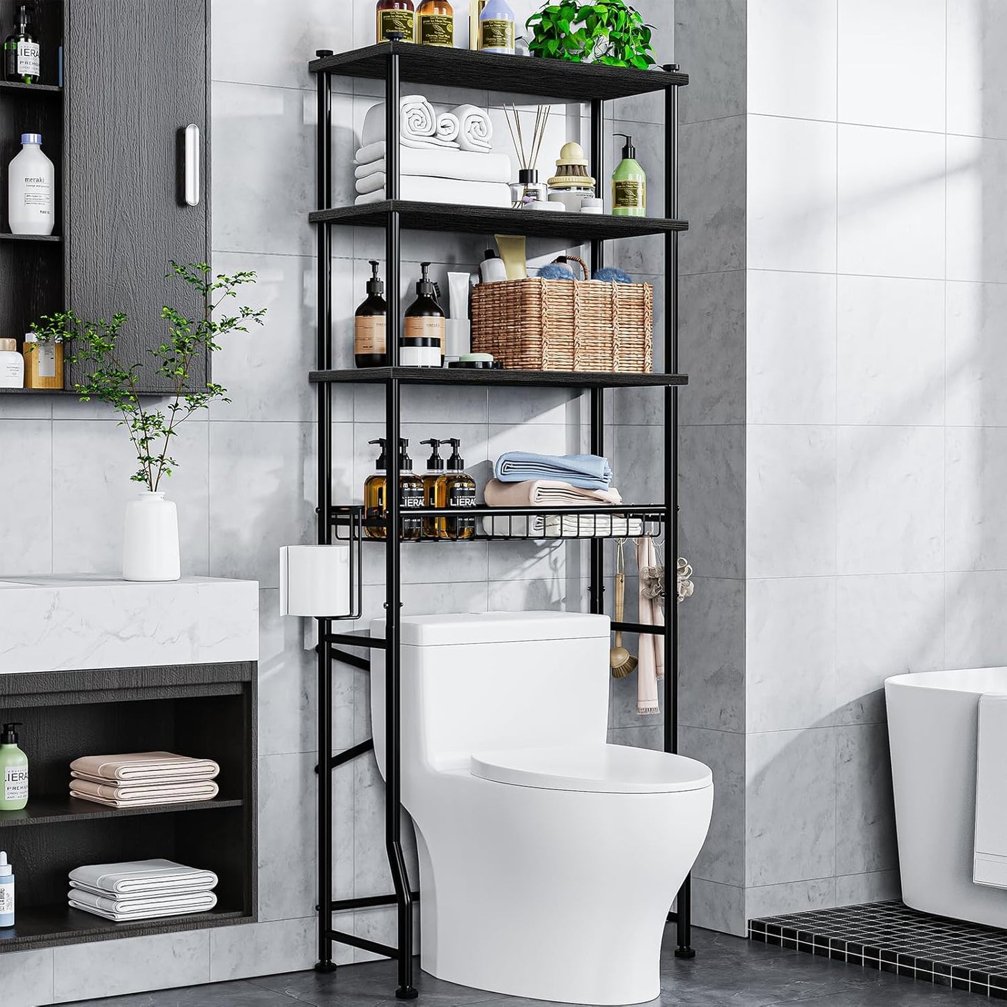 Over The Toilet Storage Cabinet,4 Tier Bathroom Organizer and Storage With Adjustable Shelf Waterproof Feet Pad and Basket Multifunctional Space Saver Freestanding Bathroom Shelves With Dividers Black