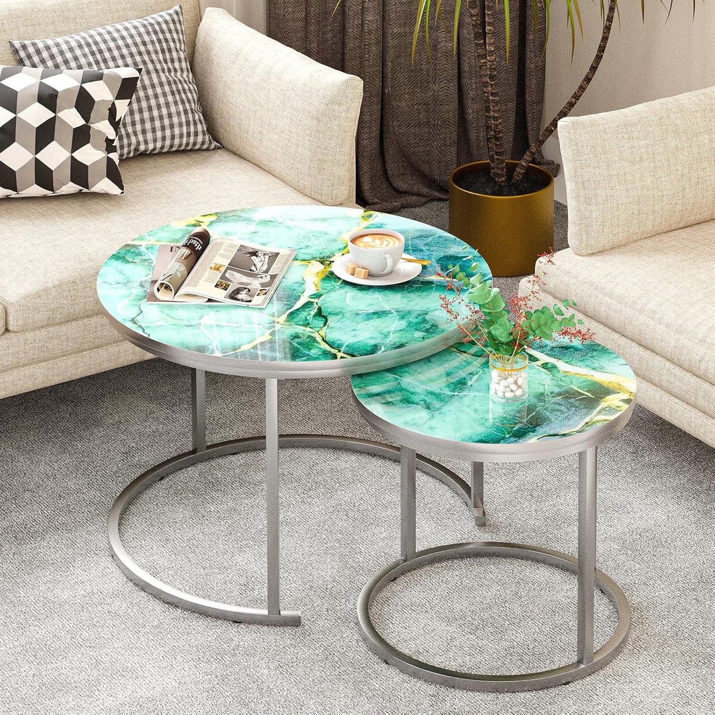 aboxoo Coffee Table Nesting White Set of 2 Side Set Golden Frame Circular Round and Marble Pattern Wooden Tables, Living Room Bedroom Apartment Modern Industrial Simple Nightstand
