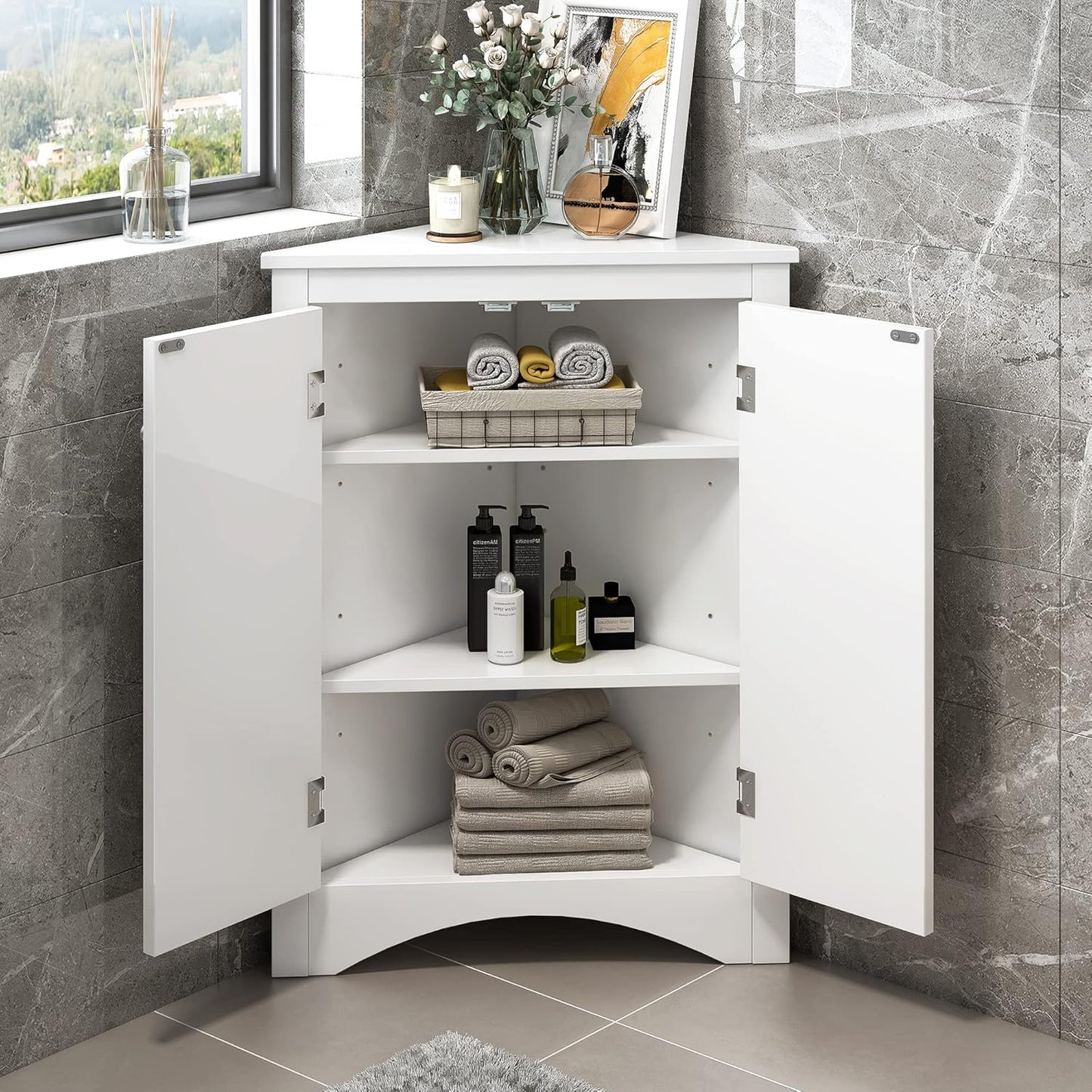Tall Narrow White Corner Cabinet for Bathroom, Small Thin Wood Multi-Functional Corner Storage Cabinet with Doors and Shelves, Freestanding for Bathroom (White Style2)