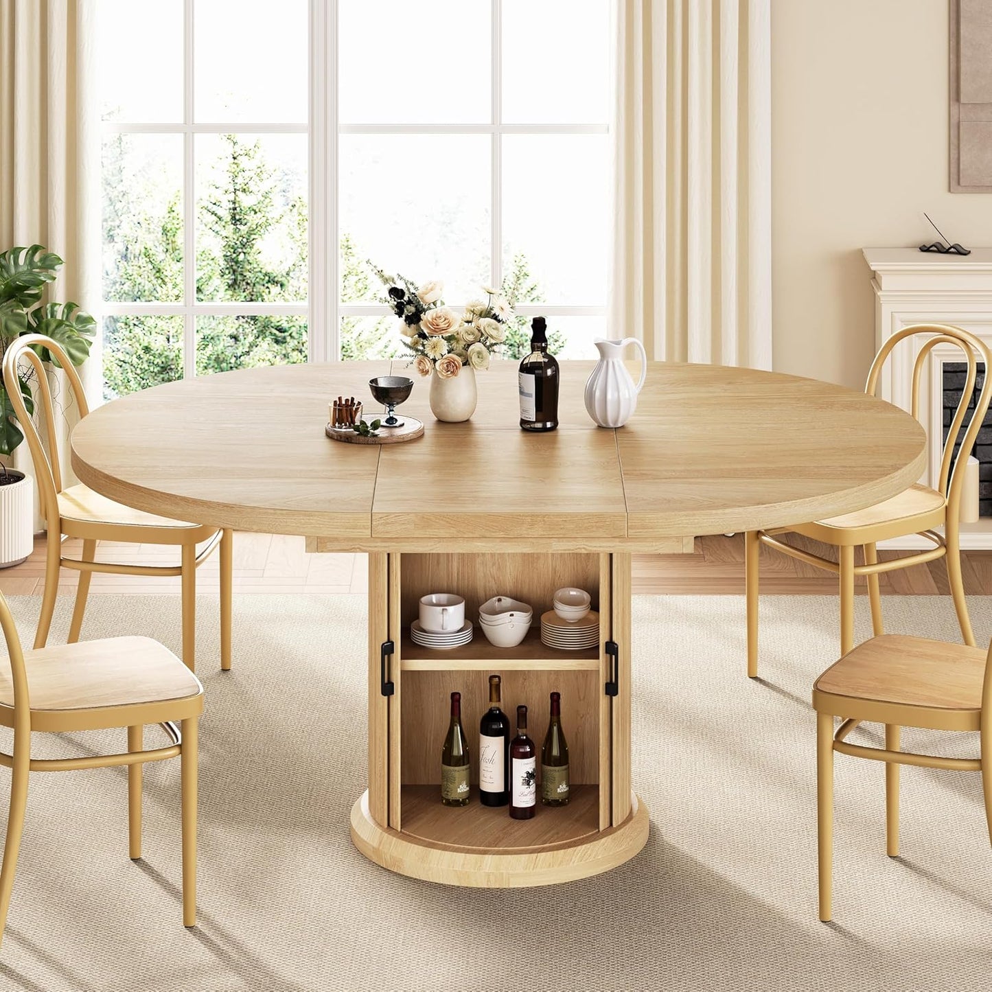 Dining Table for 4-6,63“Extendable Round Kitchen Dining Room Table with 2-Tier Storage Shelf, Space Saving Expandable Wood Oval Circle Dinner Furniture with Pedestal Base (Natural)