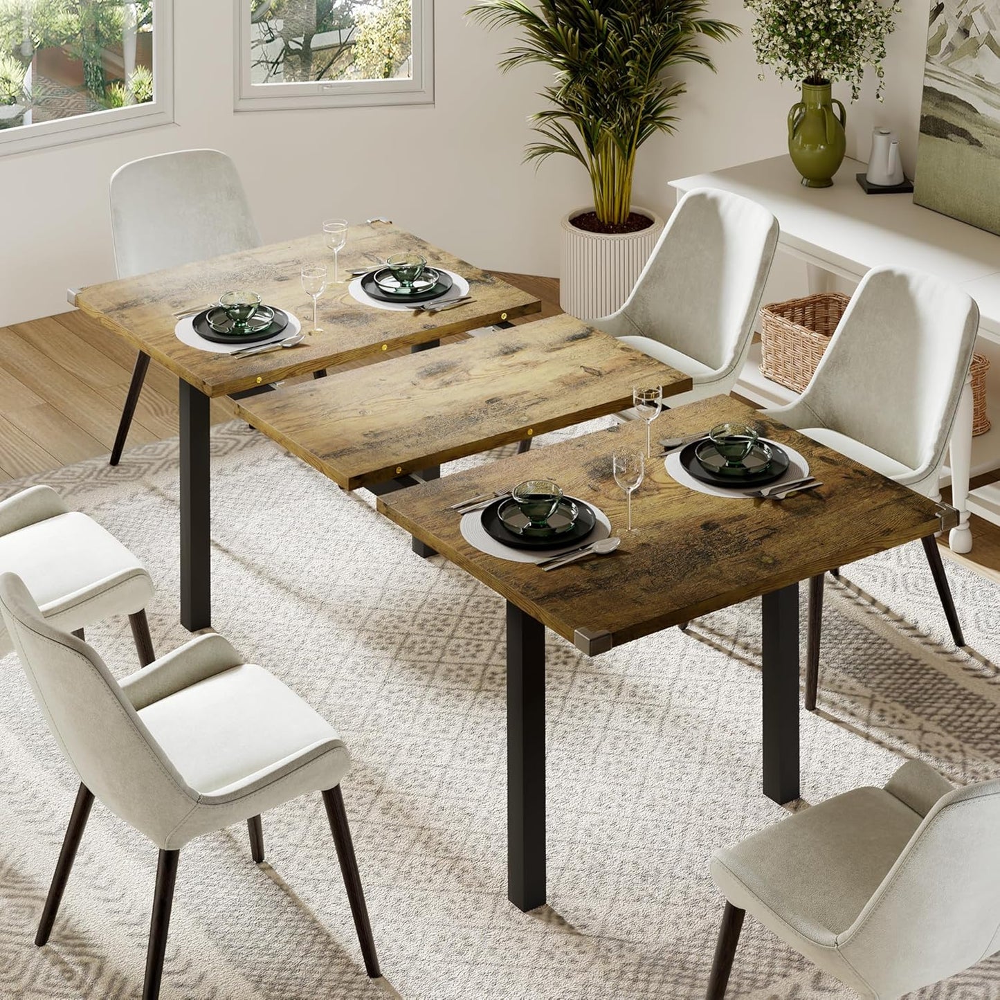 Feonase 63" Extendable Dining Table, Modern Farmhouse Dining Room Table for 4-8, Wooden Kitchen Table for Small Space, Dining Room, Home Office, Living Room Furniture, Walnut