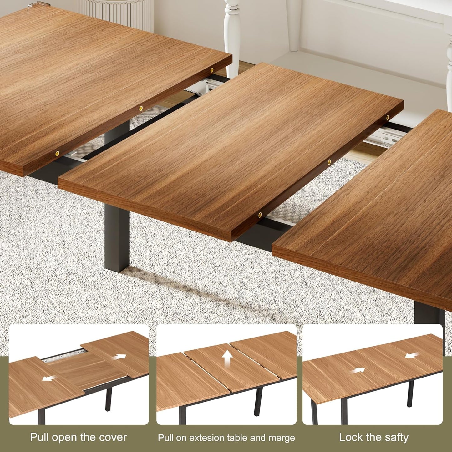 Feonase 63" Extendable Dining Table, Modern Farmhouse Dining Room Table for 4-8, Wooden Kitchen Table for Small Space, Dining Room, Home Office, Living Room Furniture, Walnut