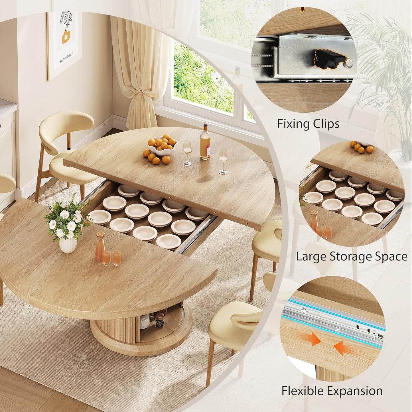 Dining Table for 4-6,63“Extendable Round Kitchen Dining Room Table with 2-Tier Storage Shelf, Space Saving Expandable Wood Oval Circle Dinner Furniture with Pedestal Base (Natural)