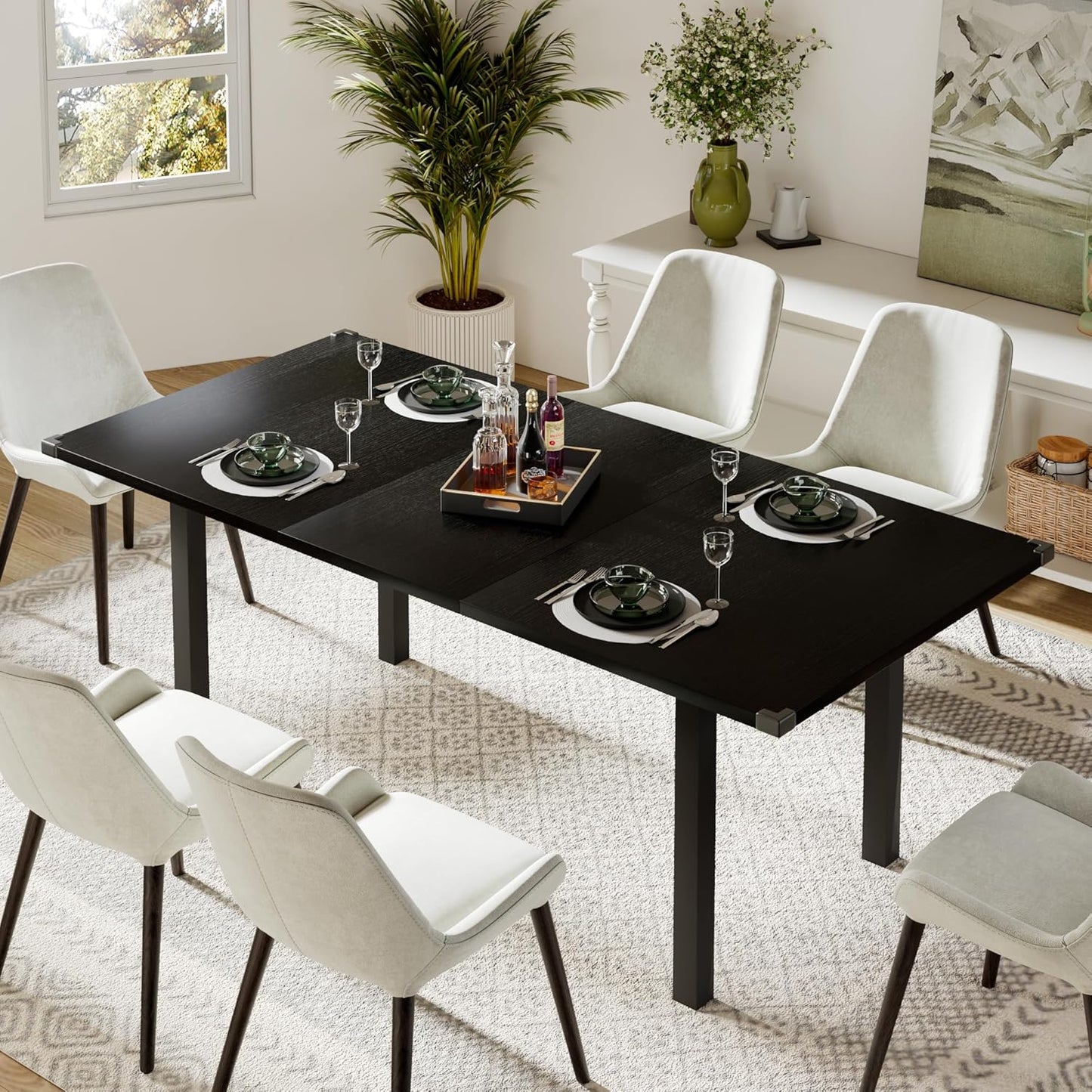 Feonase 63" Extendable Dining Table, Modern Farmhouse Dining Room Table for 4-8, Wooden Kitchen Table for Small Space, Dining Room, Home Office, Living Room Furniture, Walnut