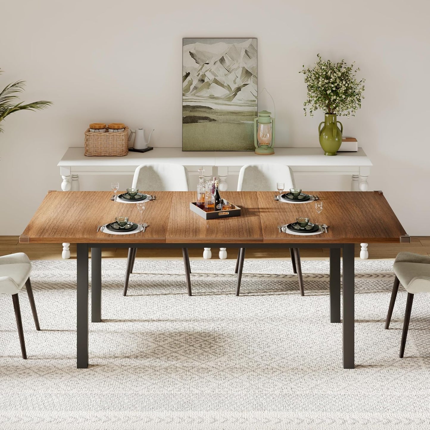 Feonase 63" Extendable Dining Table, Modern Farmhouse Dining Room Table for 4-8, Wooden Kitchen Table for Small Space, Dining Room, Home Office, Living Room Furniture, Walnut