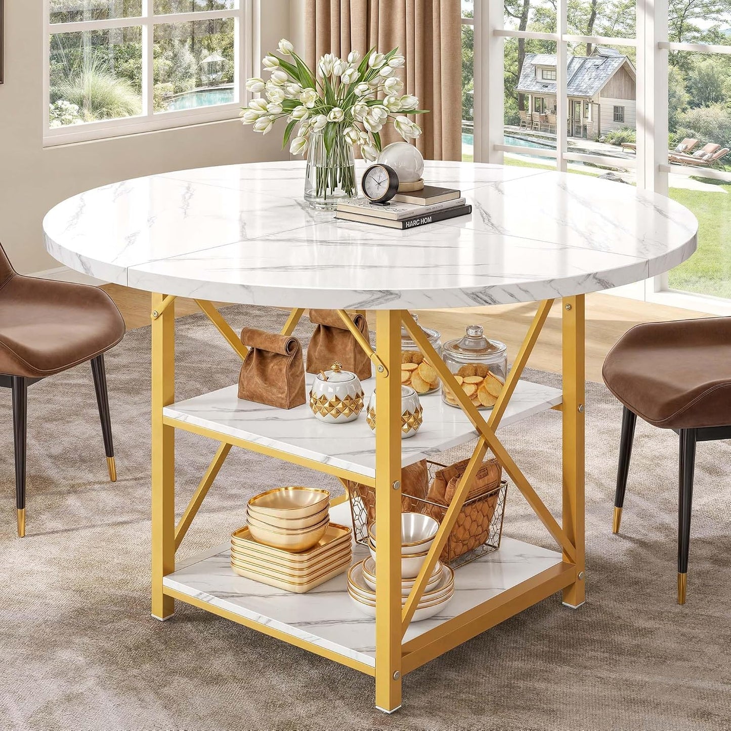 DWVO Dining Room Table 47 Inch Rectangle Dining Table for 4 People Modern Kitchen Table White Marble Dinner Table with Storage Shelf and Glod Metal Legs for Home Apartment White and Gold