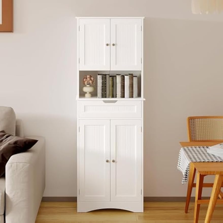 Gizoon 66'' Tall Bookcase with Drawer and Doors Wooden Bookshelf with Storage Cabinet Multifunctional Book Storage Organizer for Office Living Room Bedroom and Kitchen，White