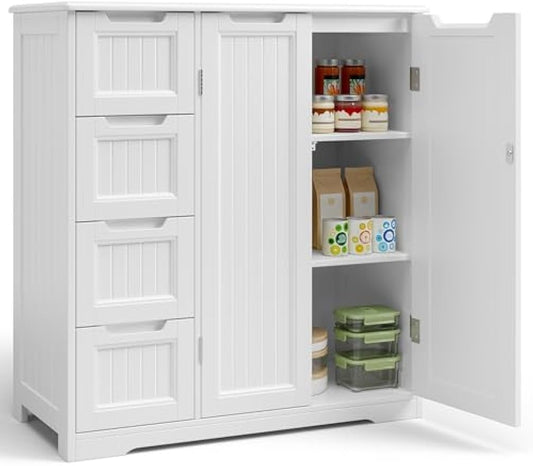 Gizoon Storage Cabinet, Bathroom Floor Cabinet, Kitchen Pantry, Side Storage Organizer with 4 Drawers & Double Doors, Coffee Bar Table, Adjustable Shelf, for Bathroom, Living Room, Entryway, White