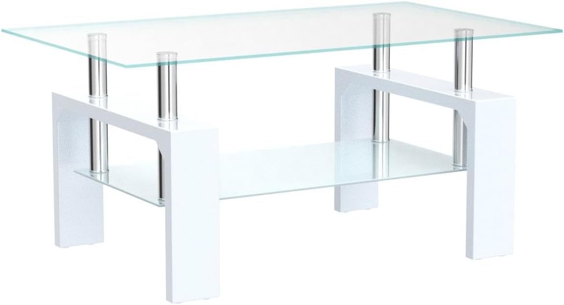 Living Room Rectangle Coffee Table, Tea Table Suitable for Waiting Room, Modern Side Coffee Table with Wooden Leg, Glass Tabletop with Lower Shelf, White 39.5 * 23.5 * 17.5