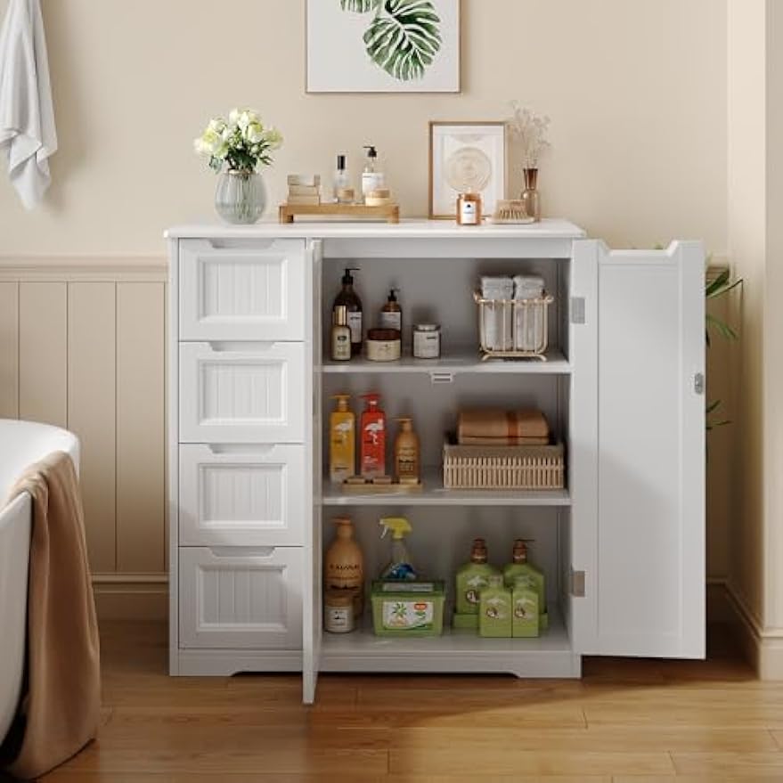 Gizoon Storage Cabinet, Bathroom Floor Cabinet, Kitchen Pantry, Side Storage Organizer with 4 Drawers & Double Doors, Coffee Bar Table, Adjustable Shelf, for Bathroom, Living Room, Entryway, White