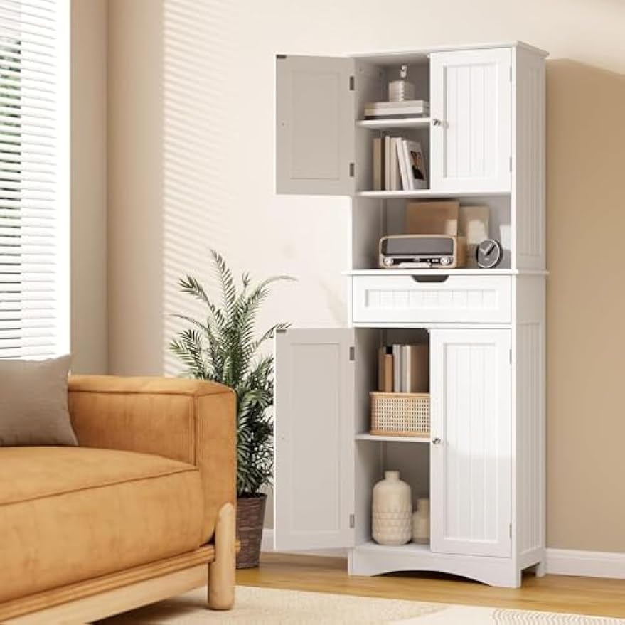 Gizoon 66'' Tall Bookcase with Drawer and Doors Wooden Bookshelf with Storage Cabinet Multifunctional Book Storage Organizer for Office Living Room Bedroom and Kitchen，White