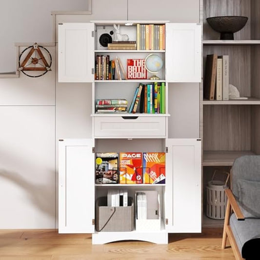 Gizoon 66'' Tall Bookcase with Drawer and Doors Wooden Bookshelf with Storage Cabinet Multifunctional Book Storage Organizer for Office Living Room Bedroom and Kitchen，White