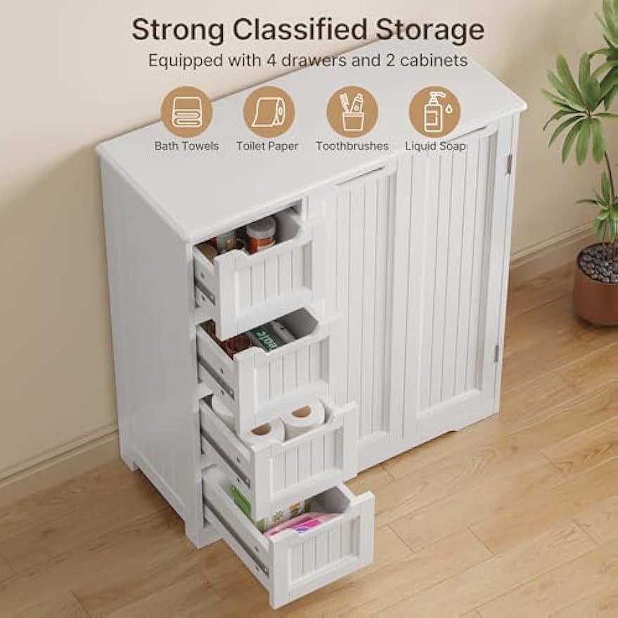 Gizoon Storage Cabinet, Bathroom Floor Cabinet, Kitchen Pantry, Side Storage Organizer with 4 Drawers & Double Doors, Coffee Bar Table, Adjustable Shelf, for Bathroom, Living Room, Entryway, White