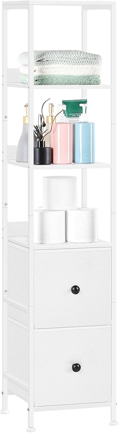 Bathroom Tall Cabinet, Skinny Floor Storage Cabinet, 5-Tier Corner Shelf with 2 Fabric Drawers, Freestanding Towel Organizer Rack Stand, Multifunctional Corner Unit, White