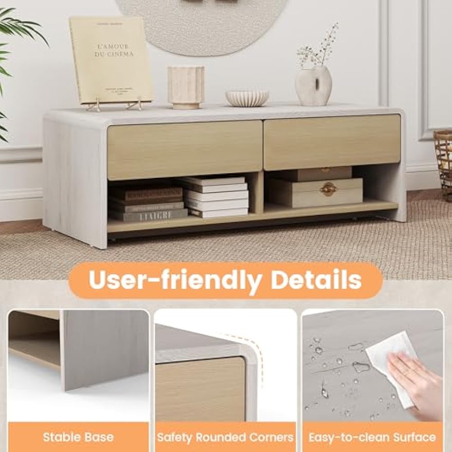 Giantex Coffee Table with Storage Drawers, 43 Inch Modern Cocktail Tea Table with 2 Compartments, Wooden Rectangular Center Table for Living Room