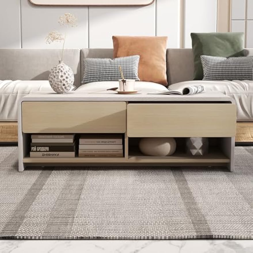 Giantex Coffee Table with Storage Drawers, 43 Inch Modern Cocktail Tea Table with 2 Compartments, Wooden Rectangular Center Table for Living Room