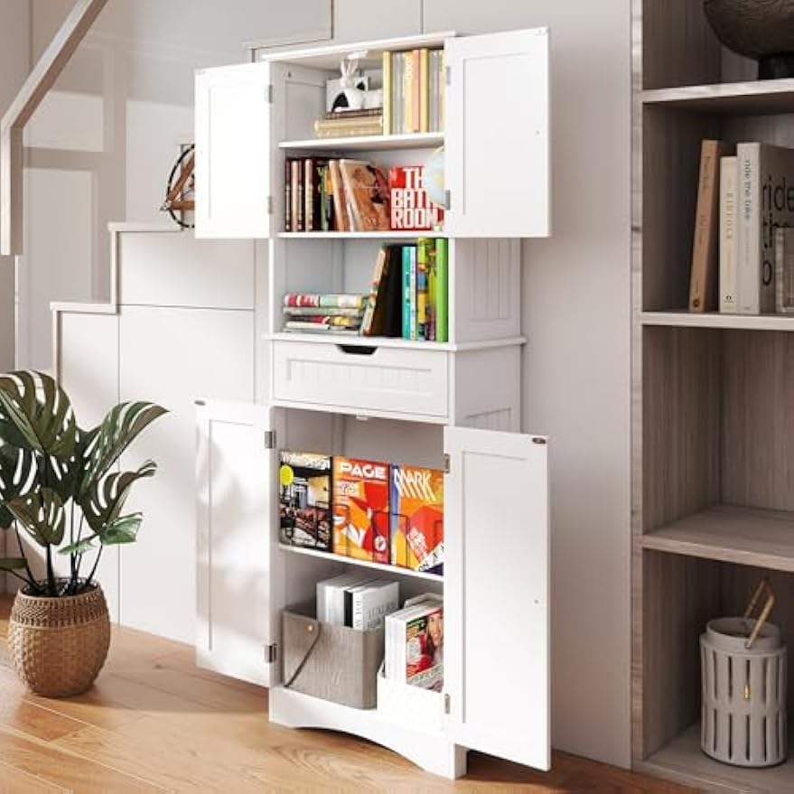 Gizoon 66'' Tall Bookcase with Drawer and Doors Wooden Bookshelf with Storage Cabinet Multifunctional Book Storage Organizer for Office Living Room Bedroom and Kitchen，White