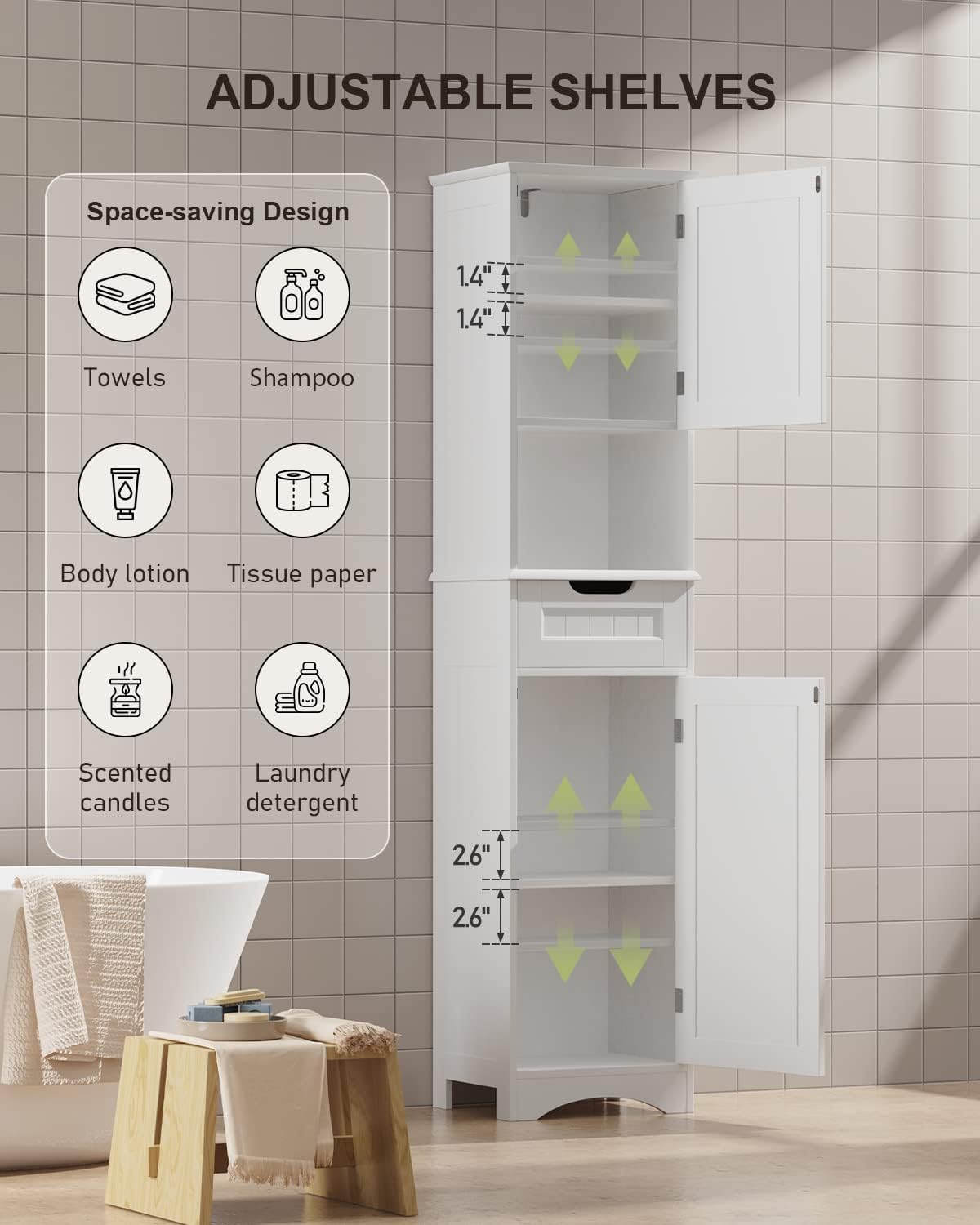 Gizoon 67" H Tall Bathroom Cabinet, Storage Cabinet with 2 Doors & Drawer, Narrow Linen Tower Freestanding Adjustable Shelves for Home, Kitchen, Versatile, Anti-Tipping, White