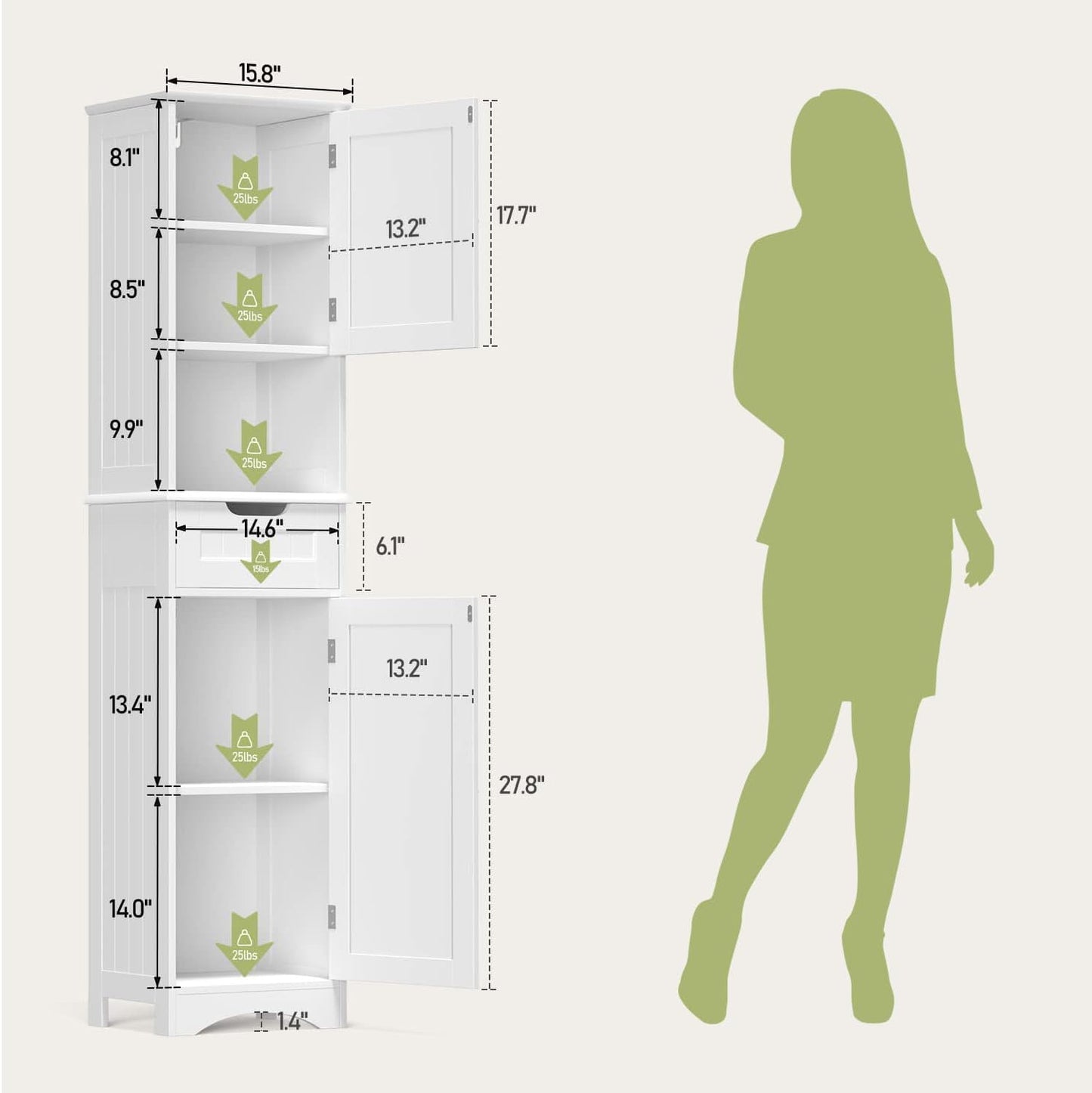 Gizoon 67" H Tall Bathroom Cabinet, Storage Cabinet with 2 Doors & Drawer, Narrow Linen Tower Freestanding Adjustable Shelves for Home, Kitchen, Versatile, Anti-Tipping, White