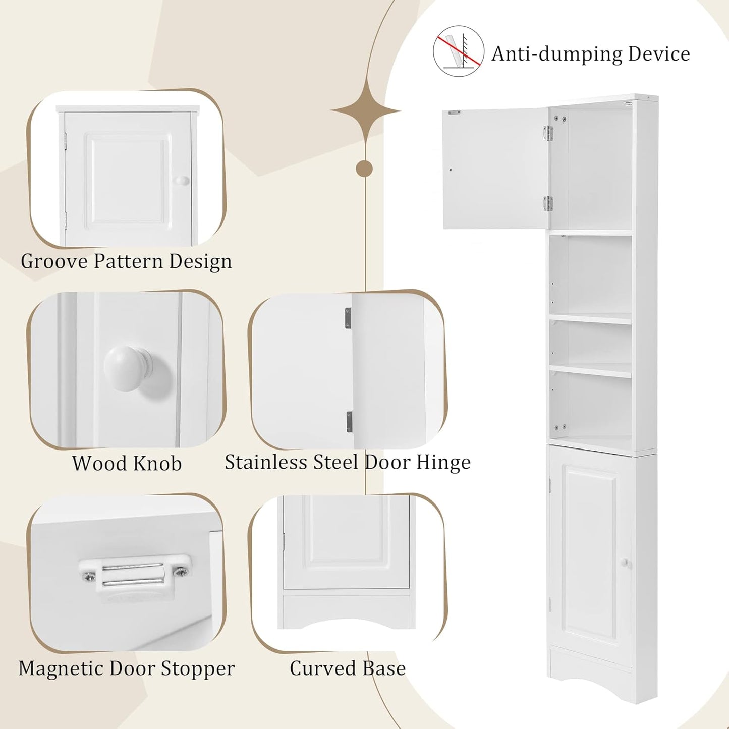 Tall Narrow White Corner Cabinet for Bathroom, Small Thin Wood Multi-Functional Corner Storage Cabinet with Doors and Shelves, Freestanding for Bathroom (White Style2)