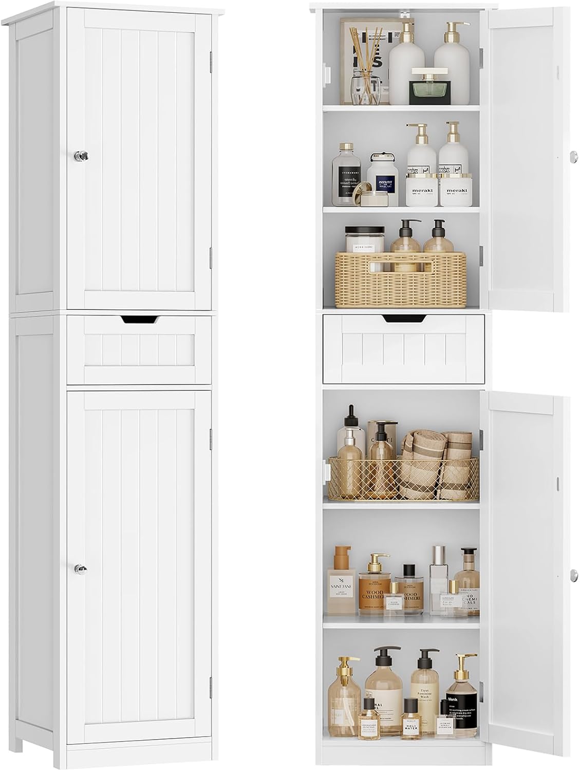 Tall Bathroom Cabinet with 2 Doors & 1 Drawer, Narrow Bathroom Storage Cabinet with Adjustable Shelves, for Living Room, Entryway, Kitchen, Forest Green