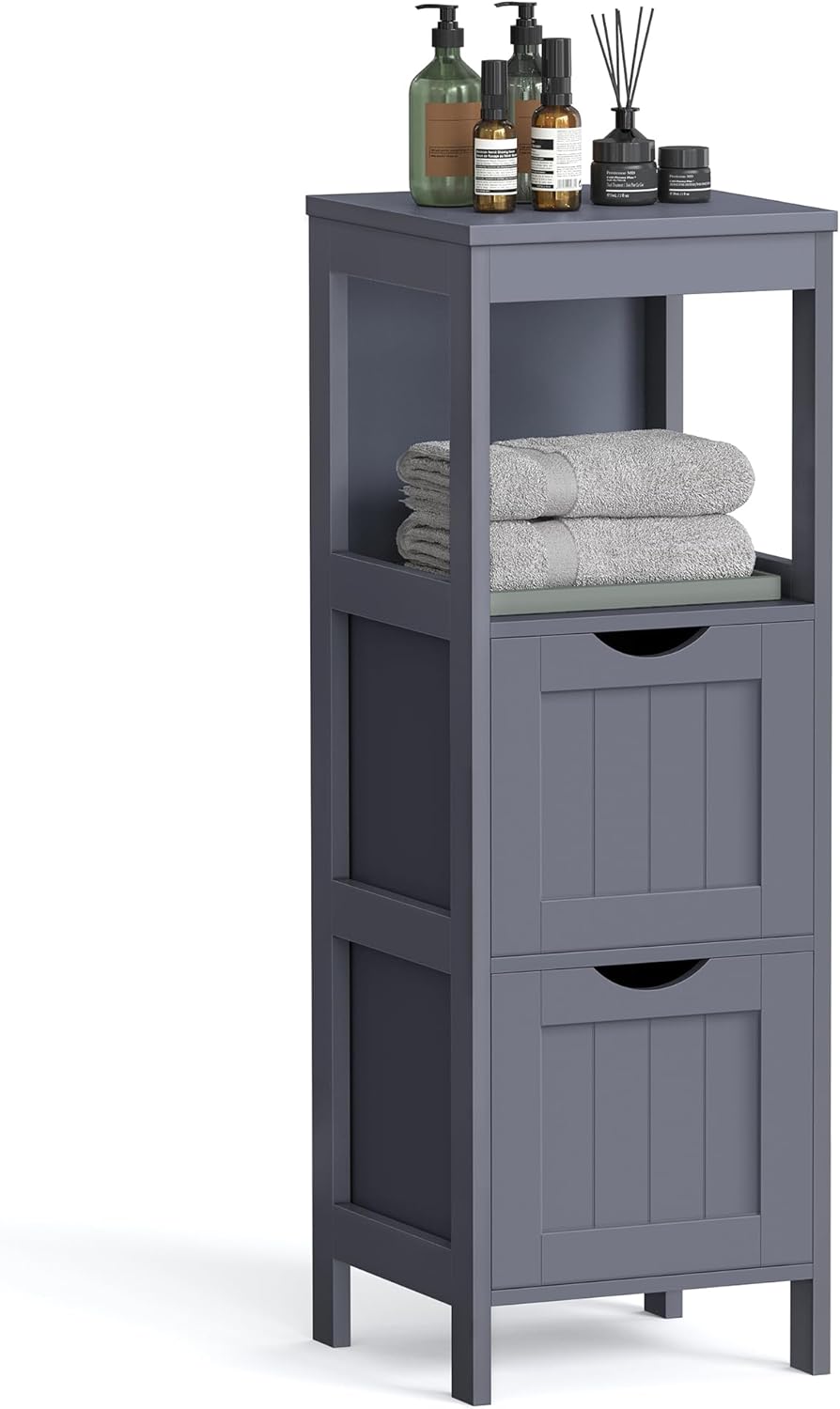VASAGLE Bathroom Floor Cabinet, Bathroom Storage Organizer Rack Stand, Multifunctional Corner Unit, 2 Drawers, 55.7 Inches in Height, Dove Grey UBBC066G02