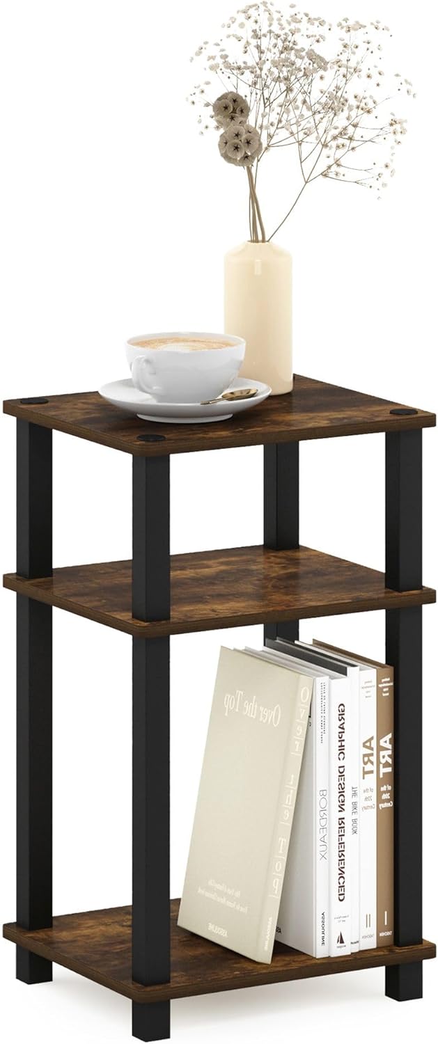 Furinno Just 3-Tier Turn-N-Tube End Table / Side Table / Night Stand / Bedside Table with Plastic Poles, 1-Pack, French Oak Grey/Black