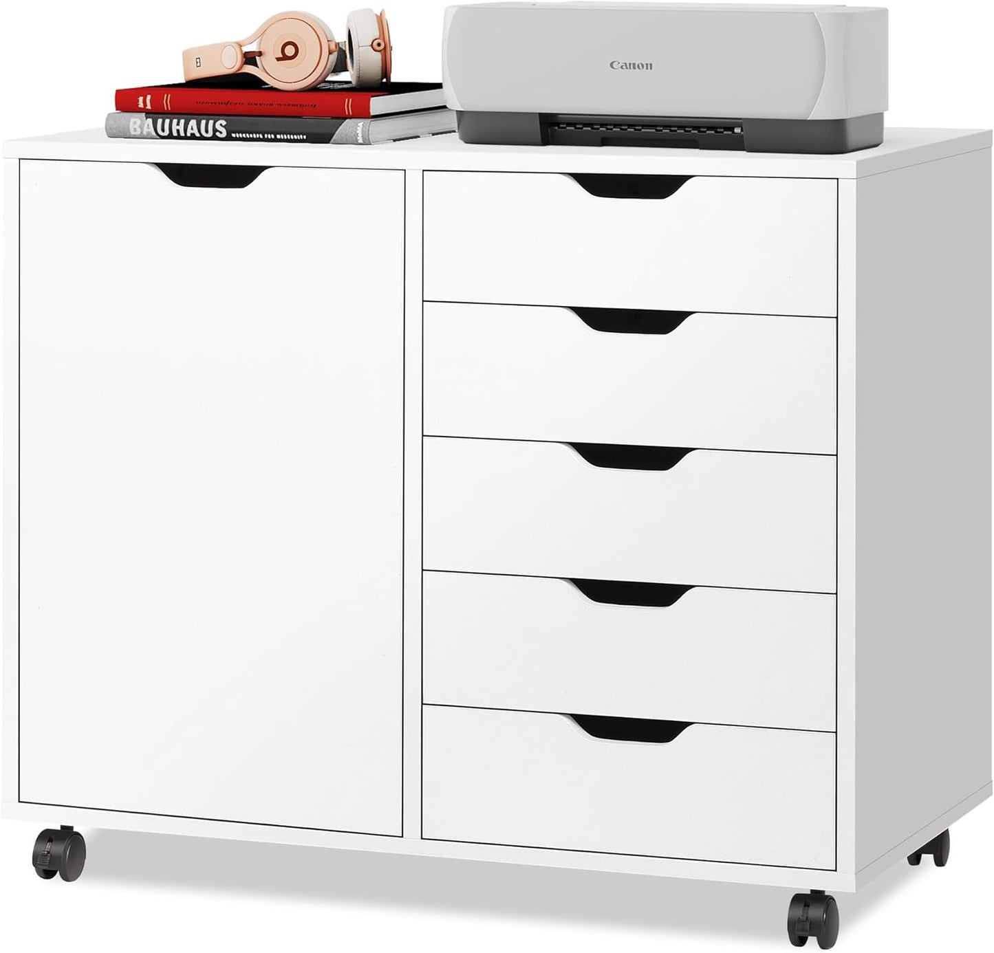 DEVAISE 5-Drawer Wood Dresser Chest with Door, Mobile Storage Cabinet, Printer Stand for Home Office, Black