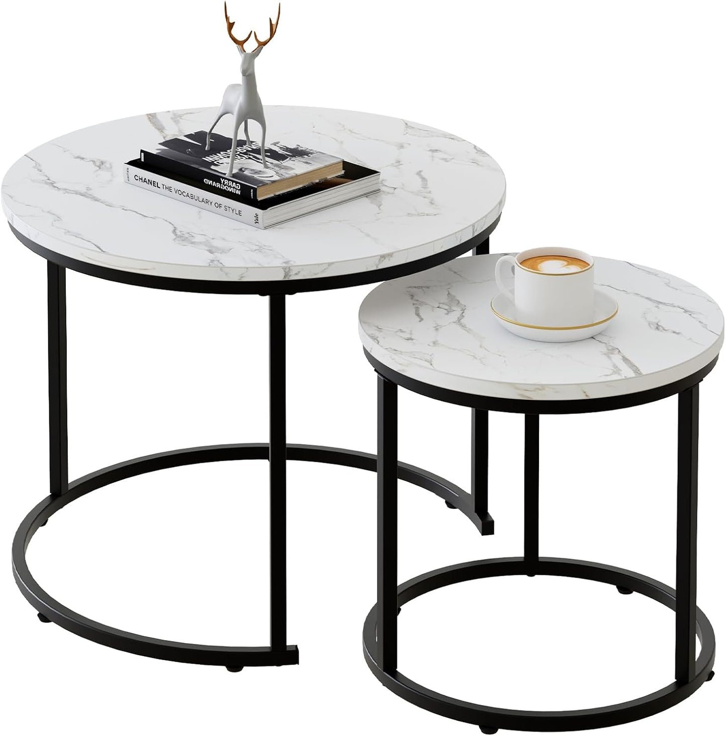 aboxoo Coffee Table Nesting White Set of 2 Side Set Golden Frame Circular Round and Marble Pattern Wooden Tables, Living Room Bedroom Apartment Modern Industrial Simple Nightstand
