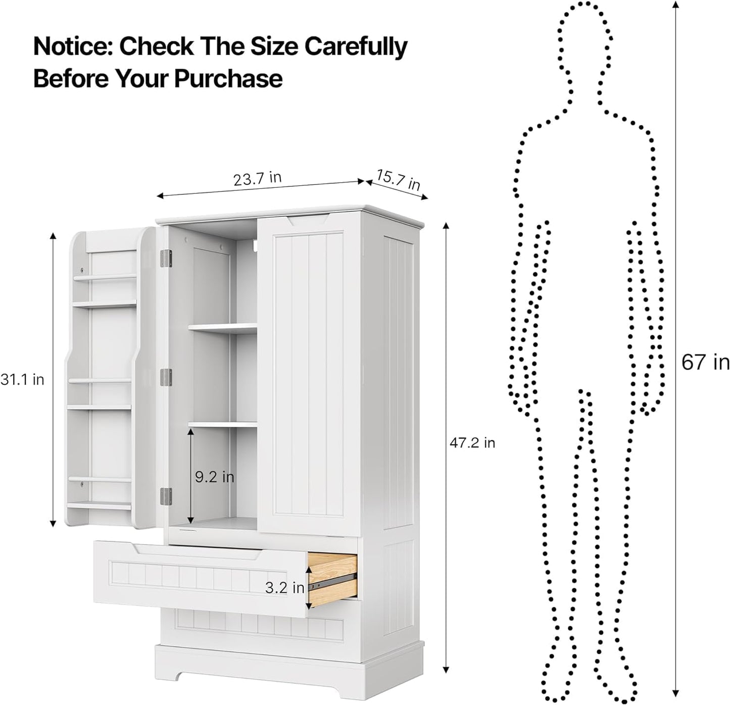 Gizoon Kitchen Pantry Storage Cabinet with Drawers Freestanding Bathroom Storage Cabinets with Doors and Shelves, 47" Small Food Pantry Cabinet for Dining Room Craft Room, White