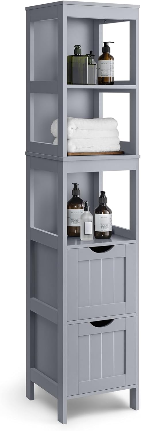 VASAGLE Bathroom Floor Cabinet, Bathroom Storage Organizer Rack Stand, Multifunctional Corner Unit, 2 Drawers, 55.7 Inches in Height, Dove Grey UBBC066G02