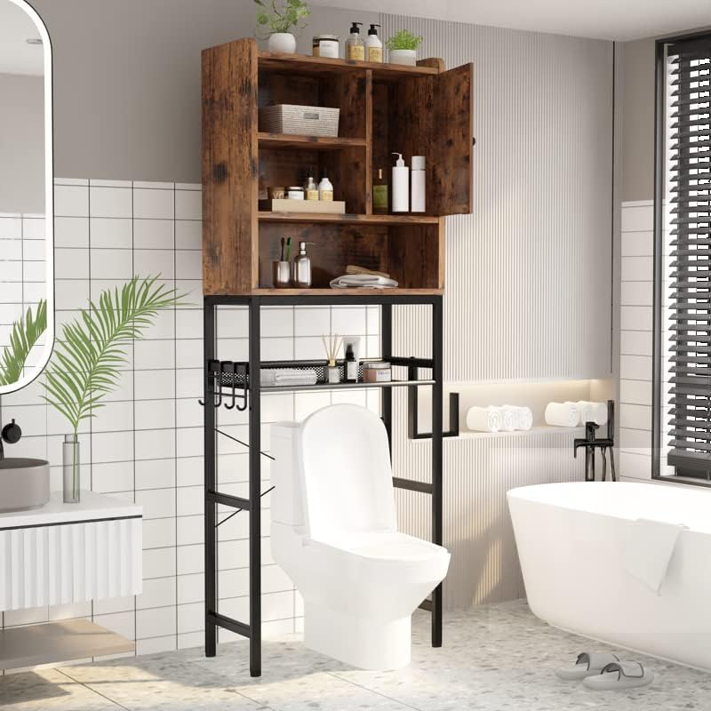 AWQM Over The Toilet Storage Cabinet, Bathroom Cabinet Organizer with Adjustable Shelf, Freestanding Space Saver Toilet Stands with Door, Paper Hook, Multifunctional Bathroom Toilet Rack, Rustic Brown