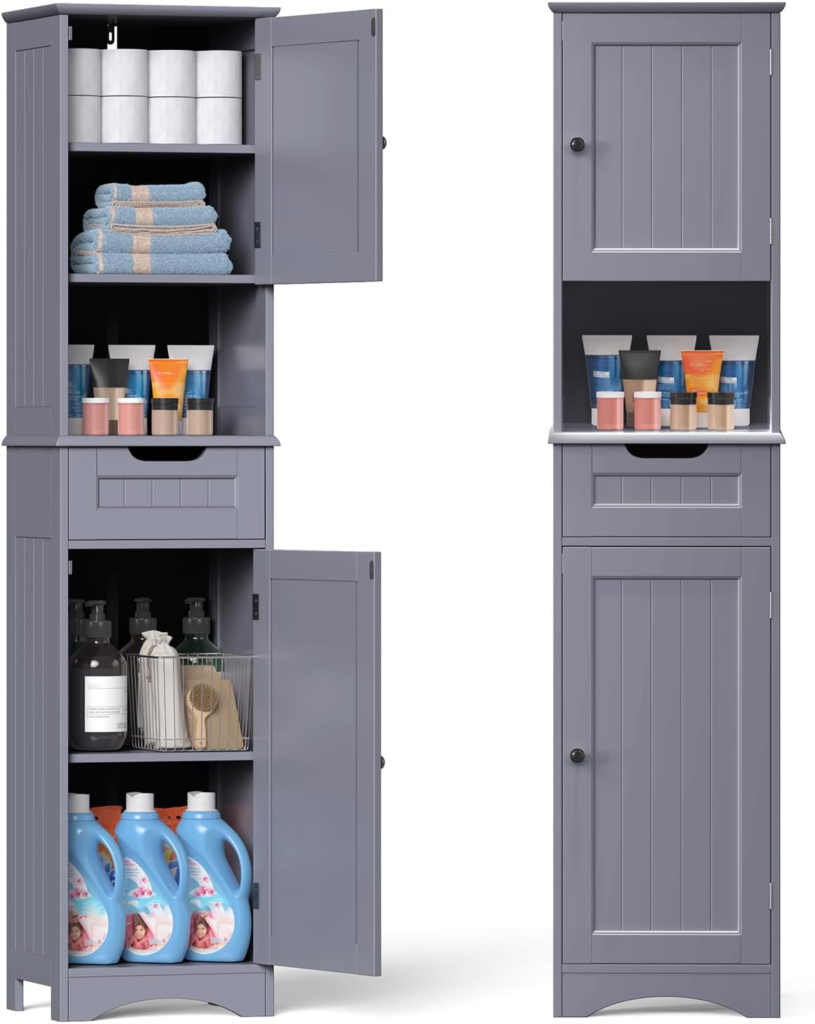 Gizoon 67" H Tall Bathroom Cabinet, Storage Cabinet with 2 Doors & Drawer, Narrow Linen Tower Freestanding Adjustable Shelves for Home, Kitchen, Versatile, Anti-Tipping, White