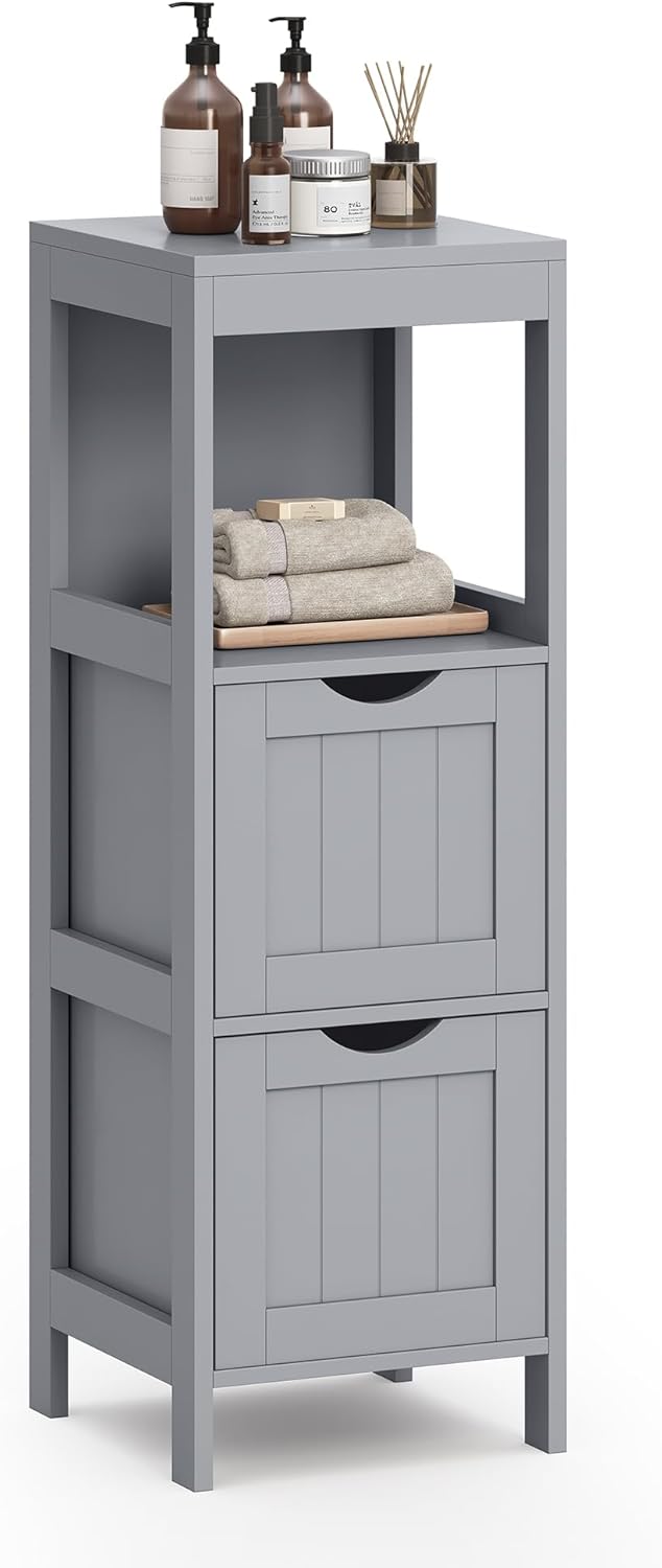 VASAGLE Bathroom Floor Cabinet, Bathroom Storage Organizer Rack Stand, Multifunctional Corner Unit, 2 Drawers, 55.7 Inches in Height, Dove Grey UBBC066G02