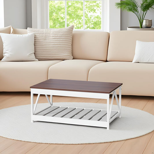 White Coffee Table for Living Room, Modern Farmhouse Coffee Table with Storage Shelf, Wooden Tea Tables, A Shaped Design Metal Frame for Stablility, 39.4 x 21.6 x 18.1 Inches