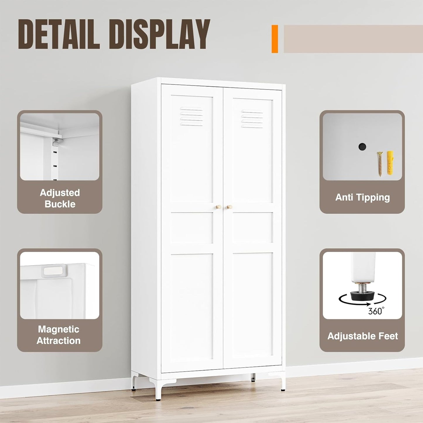 Yizosh Metal Storage Cabinet with 2 Doors and 4 Adjustable Shelves - 61" White Kitchen Pantry Storage 5-Tier Tall Steel Cabinets Locker for Kitchen, Living Room, Dining Room