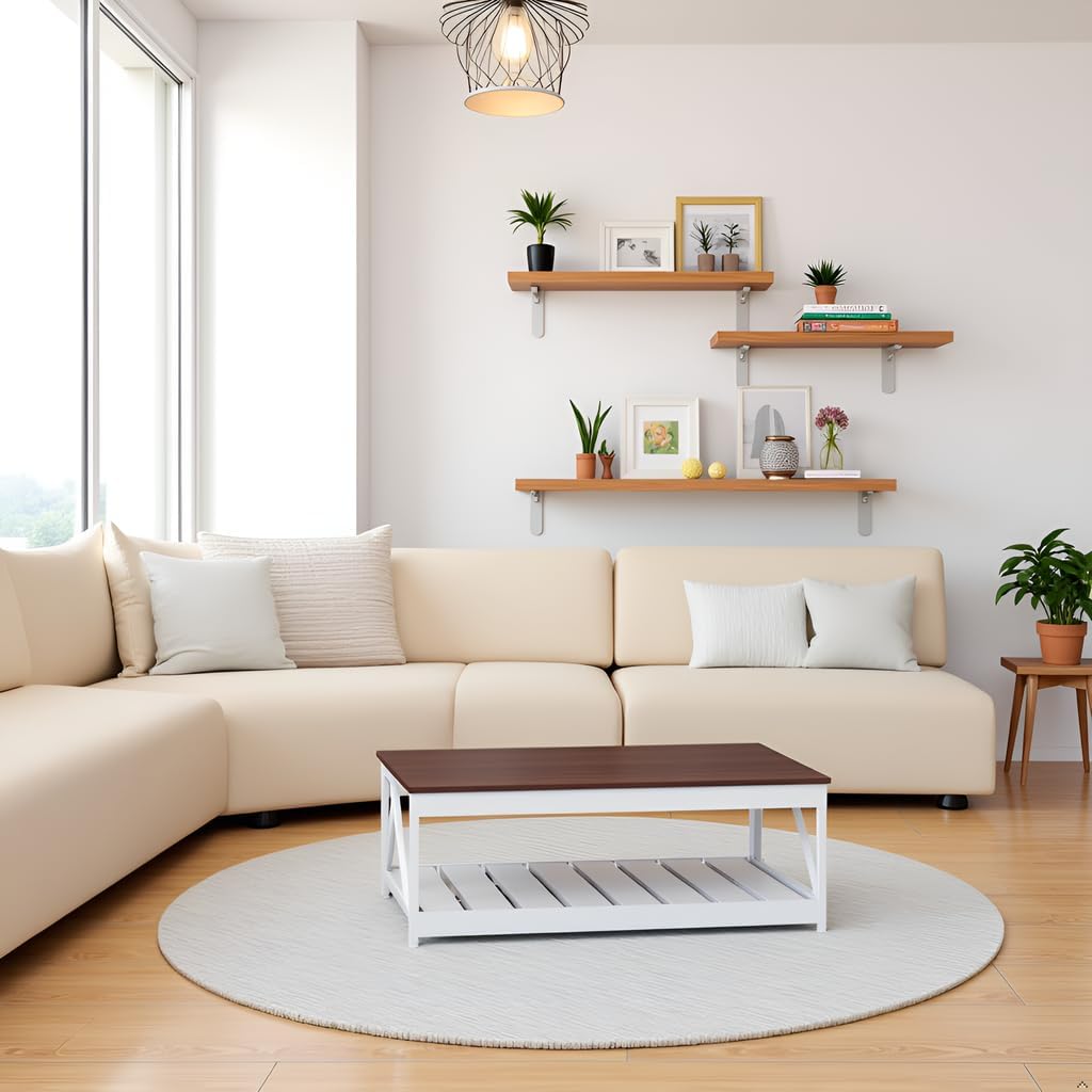 White Coffee Table for Living Room, Modern Farmhouse Coffee Table with Storage Shelf, Wooden Tea Tables, A Shaped Design Metal Frame for Stablility, 39.4 x 21.6 x 18.1 Inches