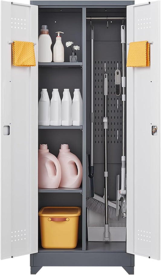 GREATMEET 65" Broom Storage Cabinet, Metal Utility Closet for Brooms and Mops, Cleaning Supply Cabinet with Pegboard, Multifunctional Metal Garage Mop Storage Closet, Grey&White