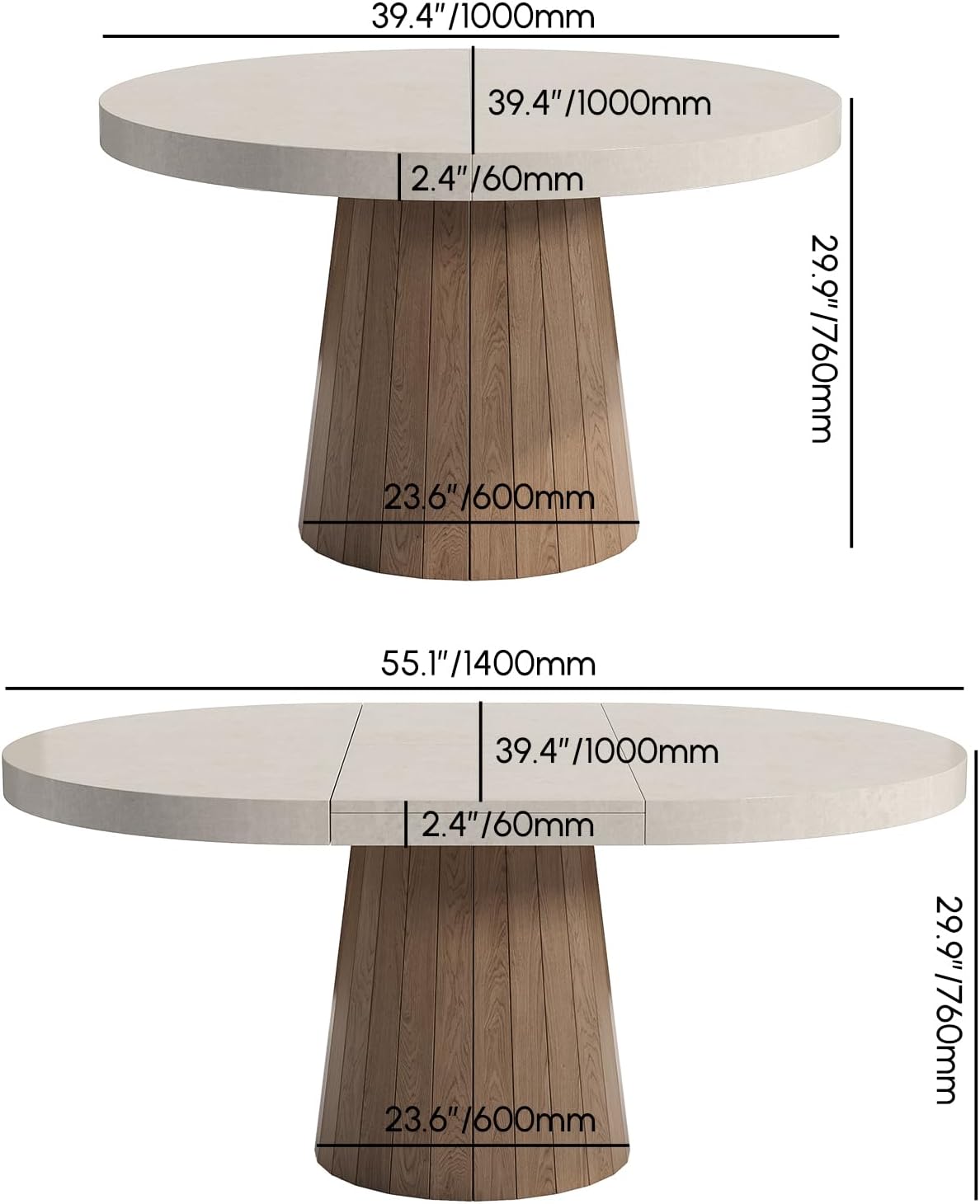 homary Round Extendable Dining Table with Pedestal Base, 39"-55" Expandable Dining Room Table Oval Kitchen Dinette Table for 4-6 (Gray & Walnut)