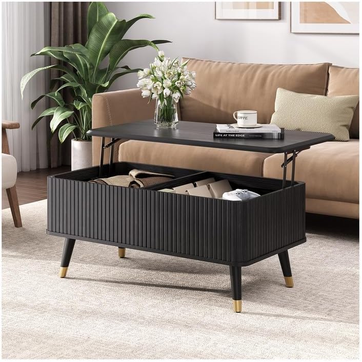 Round Coffee Table with Storage,Fluted Center Table with Sliding Cabinet Door for Living Room,Home Small Space,31.5" Small Center Table,Walnut