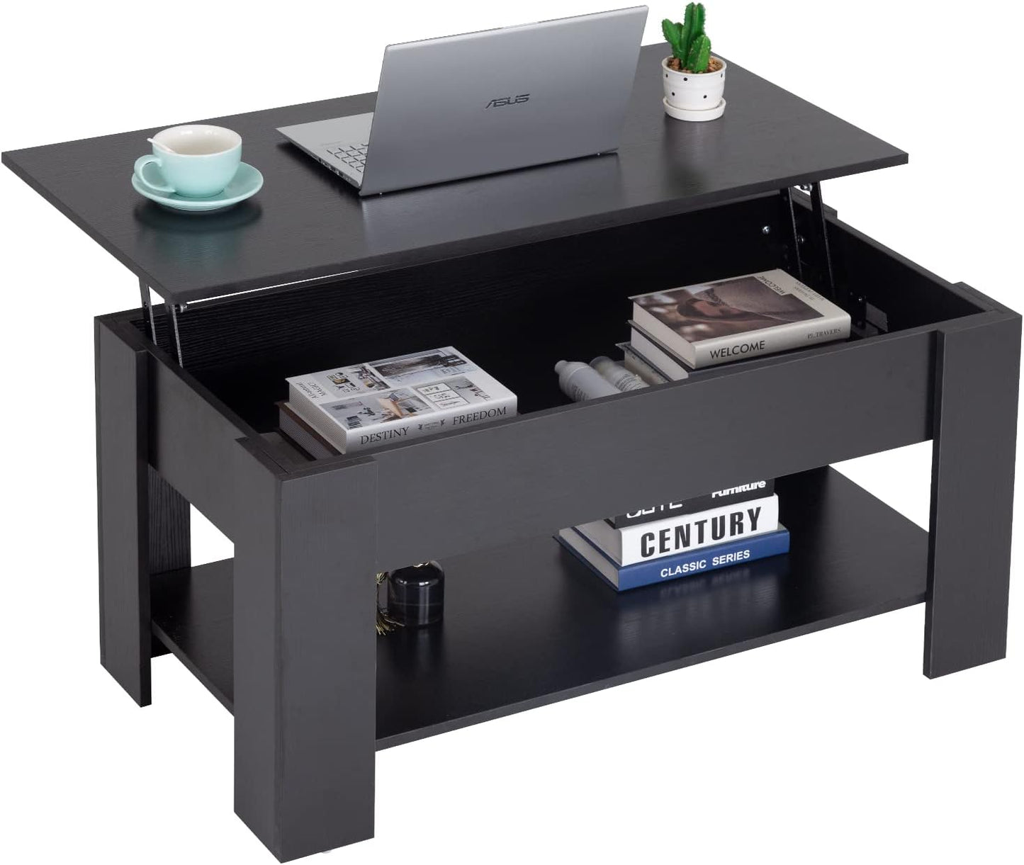 FDW Lift Top Coffee Table with Hidden Compartment and Storage Shelf Wooden Lift Tabletop for Home Living Room Reception Room Office,39.4",Brown