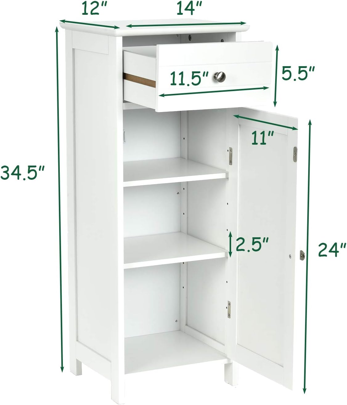 GLACER Floor Storage Cabinet, Multifunctional Bathroom Storage Cabinet with 2 Adjustable Shelves, Ideal for Bathroom, Living Room, 14 x 12 x 34.5 inches (White)