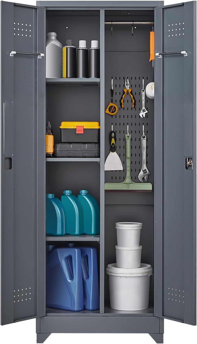 GREATMEET 65" Broom Storage Cabinet, Metal Utility Closet for Brooms and Mops, Cleaning Supply Cabinet with Pegboard, Multifunctional Metal Garage Mop Storage Closet, Grey&White